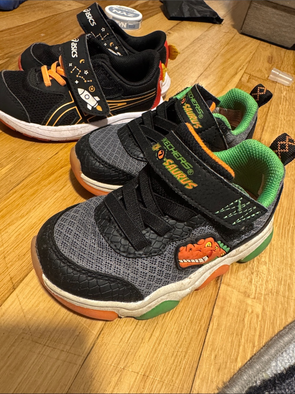 Skechers Kids' Gray, Black & Green Dino Light-Up Sneakers and ASICS black